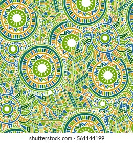 Pattern of dream catcher and feathers. Ethnic seamless pattern in native style. 