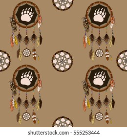Pattern. Dreamcatcher, brown feathers and colorful beads. Vector