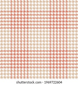 Pattern for dress, coat, scarf in beige, peach orange, white. Seamless goose foot tweed tartan plaid for textile design. Modern abstract geometric checkered vector for spring, autumn, winter fabrics.