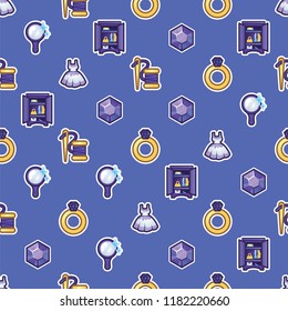 Pattern dress, wardrobe , golden ring, diamond, mirror and thread with a needle. Female accessories, fashion and style seamless pattern background