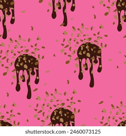 pattern with drips of chocolate glaze with nuts on a pink background