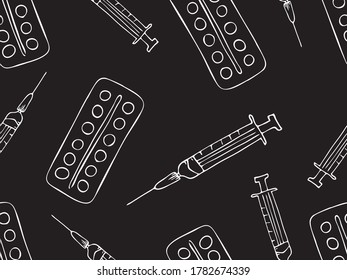 pattern of drugs, syringes and pills. Medical supplies: syringe and pills. Freehand drawing in vector format. Doodle background on the theme of medicine.