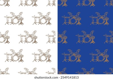 Pattern with Drumset. 100% hand drawn vector image.