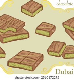 Pattern with Dubai chocolate, vector, isolated. Hand draw with texture.