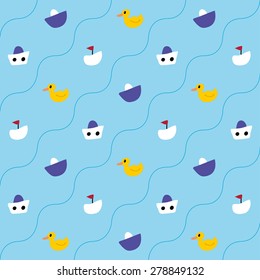 Pattern with ducklings and crafts shows children swimming in the bath
