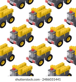 Pattern of dump trucks in isometry. Vector illustration