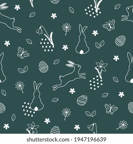 Easter seamless pattern duotone with white line art bunnies, eggs, daisy, lily flowers and butterflies on green background.   Vector illustration backdrop for cards, prints and gift wrapping paper.