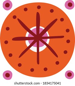 Patrón para el juguete número once de dymkovskaya: naranja, marrón, blanco, amarillo, violeta y puntos negros. Todo el ornamento simula trazos de pincel, de ahí la textura desigual. 