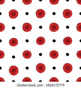 Pattern for dymkovskaya toy number fifteen: orange, maroon, white, yellow, purple circles and black dots. The whole ornament simulates brush strokes, hence the uneven texture. seamless background