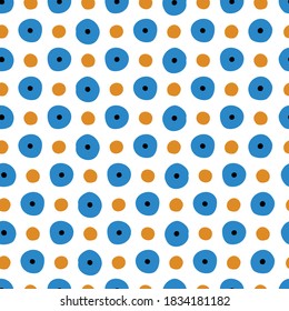 Muster für Dymkovskaja Spielzeug Nummer vier: Orange, Maron, Weiß, Gelb, violette Kreise und schwarze Punkte. Das ganze Ornament simuliert Pinselstriche, daher die ungleichmäßige Struktur. nahtloser Hintergrund
