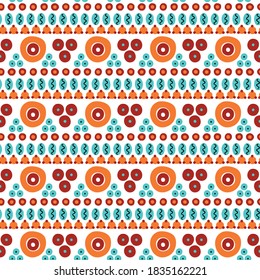 Pattern for dymkovskaya toy number nineteen: orange, maroon, white, yellow, purple circles and black dots. The whole ornament simulates brush strokes, hence the uneven texture. seamless background
