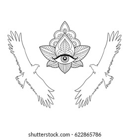 Pattern of an eagle and the third eye on a white background.