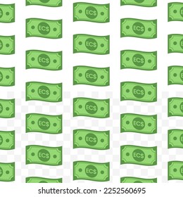 Pattern of East Caribbean Dollar banknotes on transparent background with mini doodle (icon) and green color. Vector Illustration