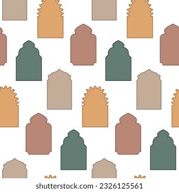 Muster aus den östlichen Fenstern. Silhouette arabischer Dekorationsfensterrahmen exakte Vektorgrafik-Muster. Farbige Fenster auf weißem Hintergrund. Wiederholung der Textur