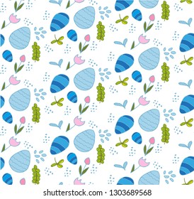 Pattern easter blue eggs and spring flowers in doodle style on white background vector illustration for design and decoration