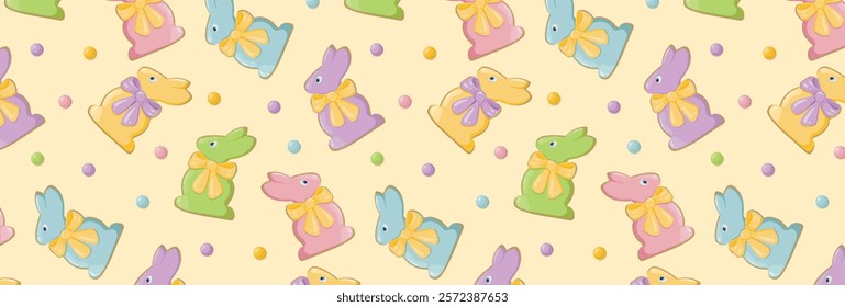 Pattern of easter bunnies with bows and sweet pea sprinkles. Spring religious holiday happy easter. Festive seamless background with colorful gingerbread bunnies. Vector wallpaper for wrapping paper.