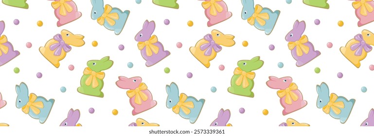 Pattern of easter bunnies with bows and sweet pea sprinkles. Spring religious holiday happy easter. Festive seamless background with colorful gingerbread bunnies. Vector wallpaper for wrapping paper.