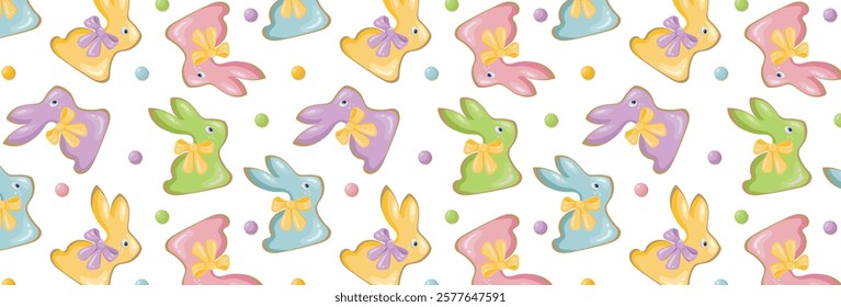 Pattern of easter bunnies with bows and sweet pea sprinkles. Religious holiday happy easter. Festive seamless background with gingerbread bunnies and polka dot. Vector wallpaper for wrapping paper.