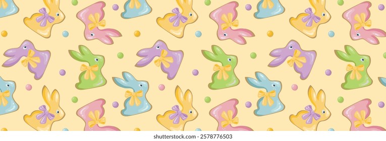 Pattern of easter bunnies with bows and sweet pea sprinkles. Religious holiday happy easter. Festive seamless background with gingerbread bunnies and polka dot. Vector wallpaper for wrapping paper.