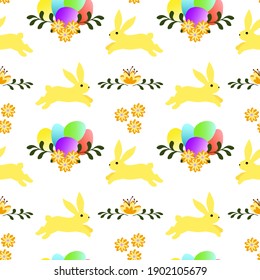 Pattern with Easter bunnies, Easter eggs and flowers. Vector illustration isolated on white background. Easter design for packaging goods and gifts, fabrics and decor.
