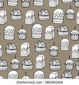 Pattern with Easter cake. Cake with a candle, baking. Happy Easter. Coloring book for children and adults. for wallpaper, textiles, design, packaging, paper. Isolate. Stock graphics.