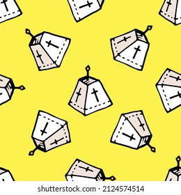 pattern of Easter cake with white on yellow. seamless Easter cottage cheese pattern hand-drawn in the style of doodles, black trapezoidal outline with a candle on top and a cross on white for a design