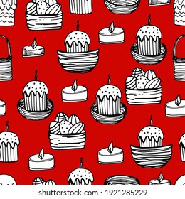 Pattern with Easter cakes, candle. Handmade graphics, Easter with patterns. Coloring book for children and adults, Happy Easter. For design, wallpaper, banner. Stock graphics, isolate.