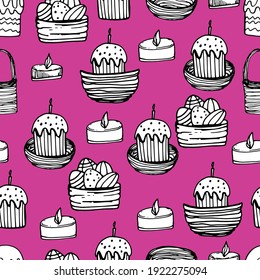 Pattern with Easter cakes, candle. Handmade graphics, Easter with patterns. Coloring book for children and adults, Happy Easter. For design, wallpaper, banner. Stock graphics, isolate.
