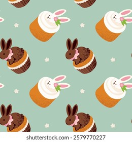 Pattern Easter cakes with cream and sprinkles. Easter treats and chocolate bunnies. Vector