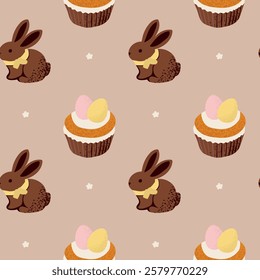 Pattern Easter cakes with cream and sprinkles. Easter treats and chocolate bunnies. Vector