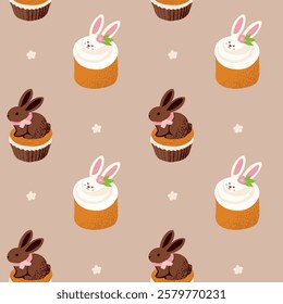 Pattern Easter cakes with cream and sprinkles. Easter treats and chocolate bunnies. Vector