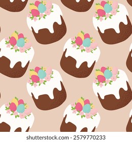 Pattern Easter cakes with cream and sprinkles. Easter treats and chocolate bunnies. Vector