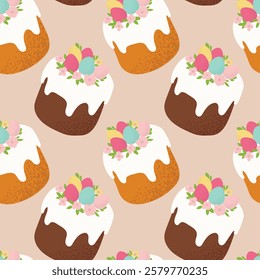 Pattern Easter cakes with cream and sprinkles. Easter treats and chocolate bunnies. Vector