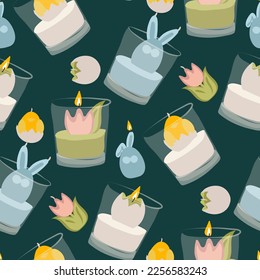A pattern of Easter candles with colored elements inside a glass cup. Chicken, flower, hare, egg made of candle wax in a transparent glass. easter candles. Gift wrapping, textile printing