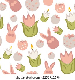 A pattern of Easter candles in the form of colored tulips, hares, eggshells in pink flowers. Wax candles with a wick on a white background. Easter candles. Print on paper and textiles. Gift packaging