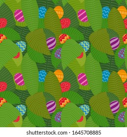 Pattern for Easter of colored eggs in a background of tropical leaves