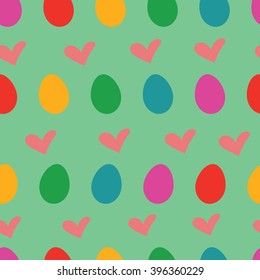  Pattern for Easter. Colored eggs and heart on green background. Seamless pattern. Vector illustration