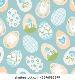 Pattern with Easter eggs. Hand-drawn texture with cartoon eggs decorated with cute pictures of flowers, house, rabbit, bird, heart. Vector seamless pattern in flat style on blue background 