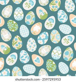 Pattern with Easter eggs. Hand-drawn texture with cartoon eggs decorated with cute pictures of flowers, house, rabbit, bird, heart. Vector seamless pattern in flat style on blue background 