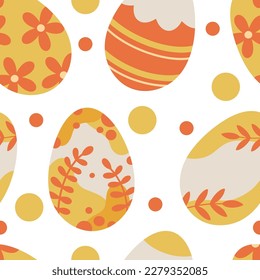 Pattern with Easter eggs. Vector pattern with orange painted Easter eggs. Easter eggs decorated with leaves.