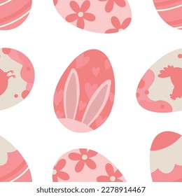 Pattern with Easter eggs. Vector pattern with pink painted Easter eggs. Easter eggs decorated with leaves.