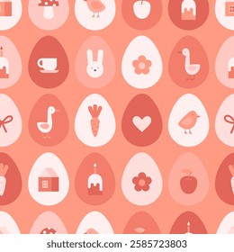 Pattern with Easter eggs. Vector seamless texture in flat style. Easter eggs decorated with cute simple icons in red colors