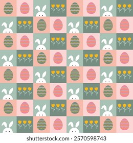 Pattern with Easter elements. Easter. Rabbit, multi-colored painted eggs, flowers. Background of colored squares. Vector illustration