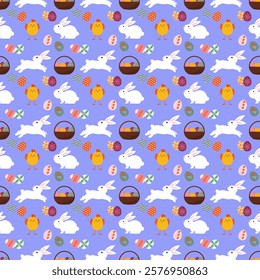 Pattern with Easter elements. Easter. Rabbit, multi-colored painted eggs, flowers. Background of colored squares. Vector illustration