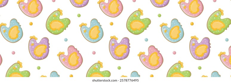 Pattern of easter hens with sweet pea sprinkles. Religious holiday happy easter. Festive seamless background with gingerbread birds and polka dot. Vector wallpaper for wrapping paper.