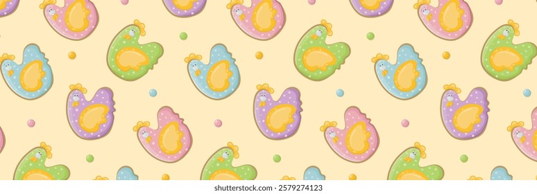 Pattern of easter hens with sweet pea sprinkles. Religious holiday happy easter. Festive seamless background with gingerbread birds and polka dot. Vector wallpaper for wrapping paper.