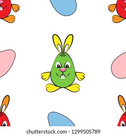 Pattern. Easter motif. Multi-colored rabbits and colorful eggs. Vector illustration.