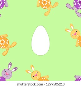 Pattern. Easter motifs. Lilac and orange rabbits and white egg on a green field. Vector illustration.