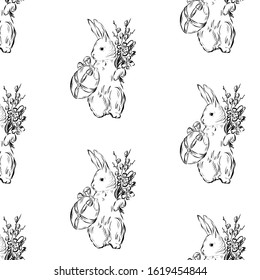 Pattern easter rabbit holding egg and bouquet with willow branch and flowers. Colored page. 