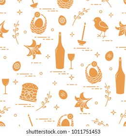 Pattern of Easter symbols: Easter cake, chick, lily, baskets, eggs and other. Design for banner, poster or print.